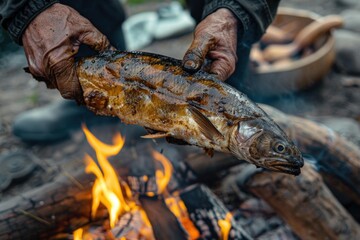 Fisherman showing freshly cooked fish near bonfire outdoors