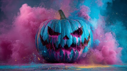 A carved pumpkin with an eerie face surrounded by vibrant pink and blue smoke. Glittery particles add to the mystical Halloween scene
