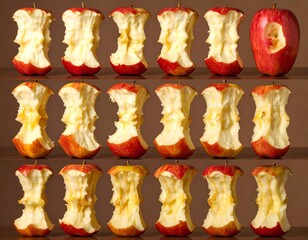 Row of apple cores, showing various stages of consumption, against a brown backdrop