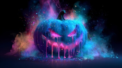 Spooky glowing carved fruit with a menacing grin, illuminated by colorful, swirling smoke and vibrant highlights against a dark backdrop