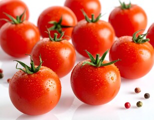 Group of fresh, red tomatoes with green stems, dew drops, against white