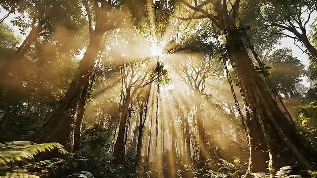 Sun rays pierce through the dense green canopy of a lush, mystical forest, illuminating the undergrowth with an ethereal glow.