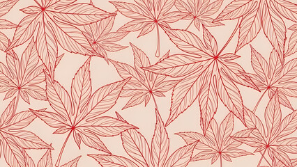 Red Maple Leaves Line Art Seamless Pattern on Light Beige Background