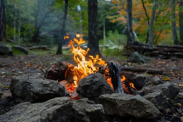 Burning campfire illuminating forest on an autumn evening