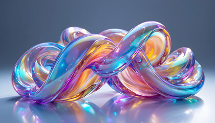 Vibrant iridescent glass sculpture intertwined loops reflecting light