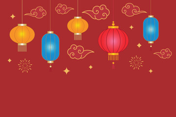 Chinese lunar new year modern design with clouds, lanterns, fireworks and elements for Chinese holidays, greeting card, social media, banner, template, e-mail signature, business card, visiting card