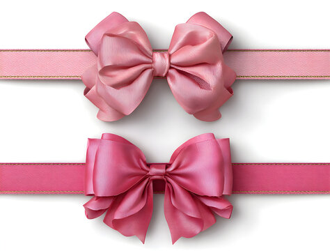 Set of decorative pink bow with horizontal pink ribbon for gift decor.Vector illustration isolated on white