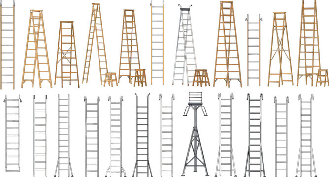Ladder types vector set with wooden and metal ladders step ladders extension ladders and construction equipment