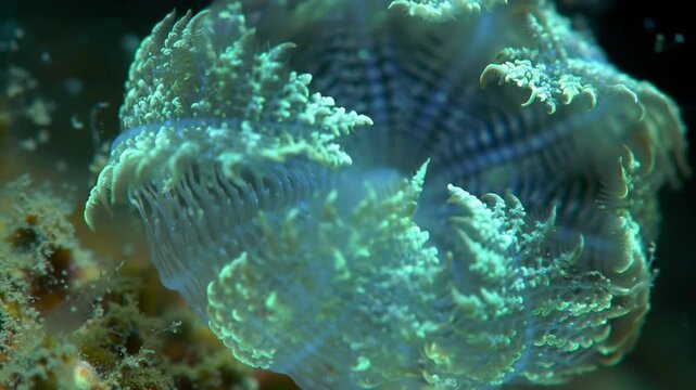 Underwater close-up of green coral polyp featuring coral reef, sea life and nature concept.