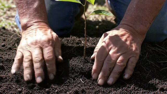 Senior gardener's hands planting tree sapling in rich soil. Environment concept.