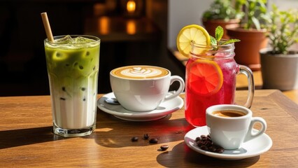 Assorted Coffee and Tea Drinks on Table.