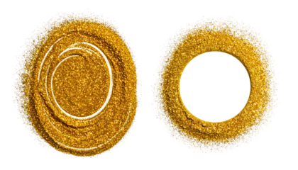 Two concentric golden textured circles, one filled and one with a black hole, on black