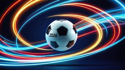 2026 Soccer Ball with Neon Light Trails &ndash; Futuristic Football Energy Background