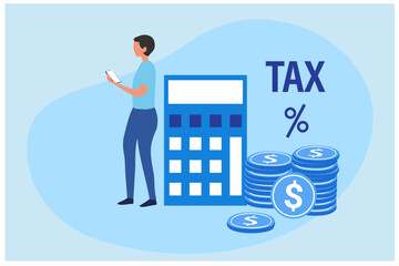 Online tax filing concept, businessman filling tax form documents online vector illustration	
