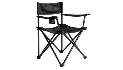Black, foldable outdoor chair on a dark background