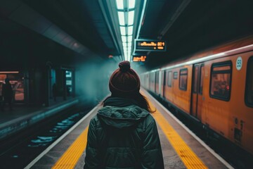Tourist wearing winter clothes waiting for public transport in underground station
