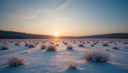 Serene winter landscape with snow-covered bushes at sunrise