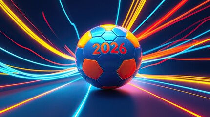 2026 Soccer Ball with Neon Light Trails &ndash; Futuristic Football Energy Background