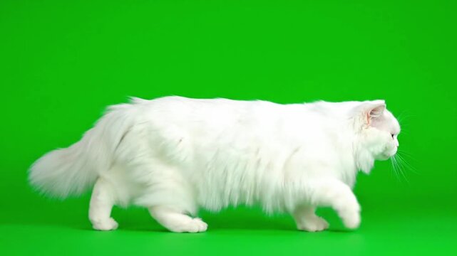 A magnificent fluffy white Persian cat with dense fur walks steadily to the right across a vibrant green screen background.