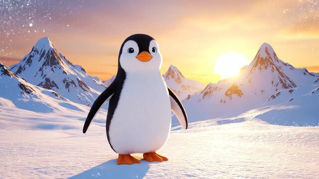 A cute, animated christmas winter penguin stands posing confidently in a snowy antarctic landscape, captured in a high-quality 3d render with beautiful warm golden light.