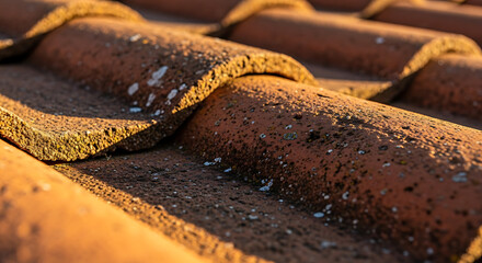 Close-up of weathered red roof tiles with moss and water droplets in warm sunlight