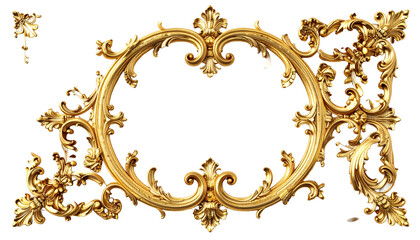 Golden, ornate frame with curvilinear design, detailed embellishments, and dark backdrop