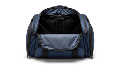 Naklejka premium Blue open duffel bag on white background front view | Hockey, sports, game, equipment.