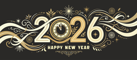 Stylish new year celebration modern elegant holiday festive creative 2026 typography web banner design with countdown clock on abstract midnight background © Hafza