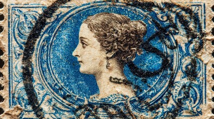 Close-up of a vintage postage stamp featuring a refined profile portrait of a woman, rendered in shades of blue and sepia. Decorative border and ornate details complete the design