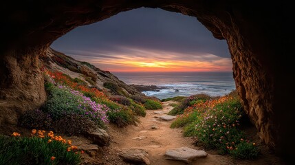 Cave Entrance Framing Colorful Wildflowers Overlooking Coastal City at Sunset with Dark Moody Sky and Warm Golden Light