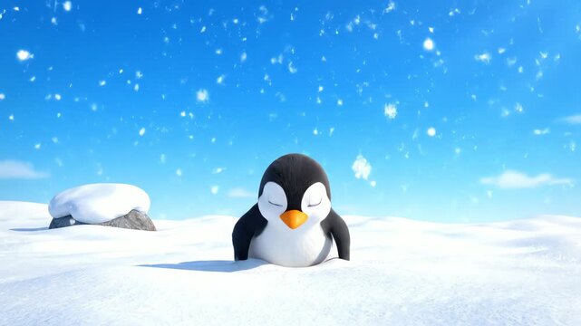 A serene 3d rendered christmas winter penguin is sleeping soundly on the expansive white snow, captured in a bright blue animated style under soft falling flakes.