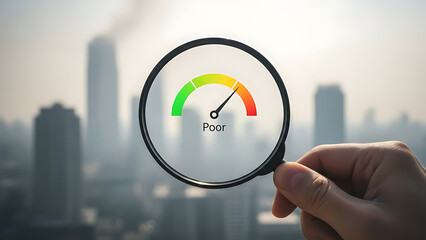 Magnifying glass showing poor air quality indicator over city skyline