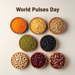 World pulses day flat lay showing diverse pulses in bowls