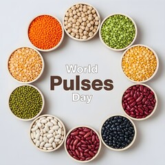 World pulses day flat lay showing diverse pulses in bowls