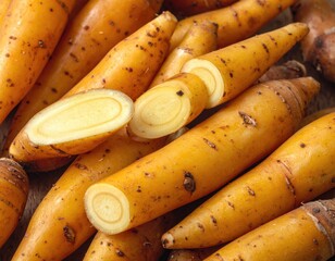 Close-up of cut and whole yellow-orange carrot variety pile
