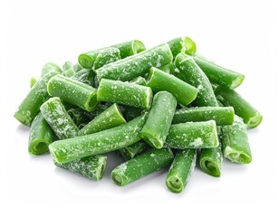 A pile of frozen, cut green vegetable pieces, ready for cooking