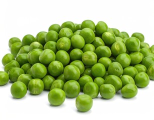 Heap of spherical, bright green pea pods against a plain white background