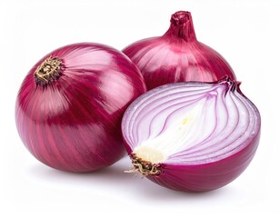 Three red onions, one cut in half, showcasing layers, on white background
