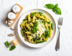 Pasta dish with green vegetables, cheese, basil, and seasonings
