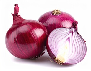Three vibrant red onions, one cut to show interior layers