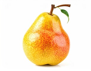 Ripe pear with green stem and leaf, isolated on white backdrop