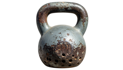 Close-up of a weathered, cast-iron exercise weight with a handle and multiple air holes