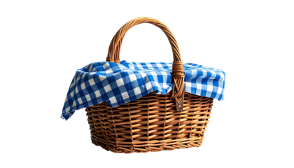 Wicker basket with a blue and white checkered cloth inside, ready for a picnic