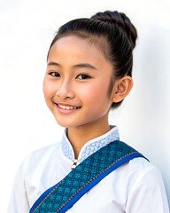 A young girl wearing a blue and white dress with a blue belt