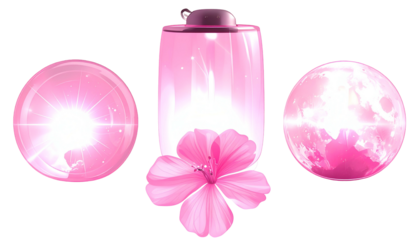 Pink glowing orbs and a bottle with a flower on black background
