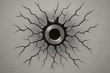 hole, wall, metal, bolt, center, cracks, debris, shattered, impression, surface, background, giving, abstract, white, textured, design, pattern, black, destruction, break, danger, isolated, rough, dam