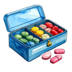 Watercolor pillbox, open to reveal assorted pills, with some pills outside