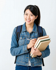 A young woman wearing a blue jacket and holding a stack of books