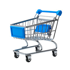 Miniature shopping cart with blue accents and wheels on black background