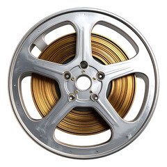 Metallic film reel holds golden ribbon, centered, realistic lighting against dark backdrop